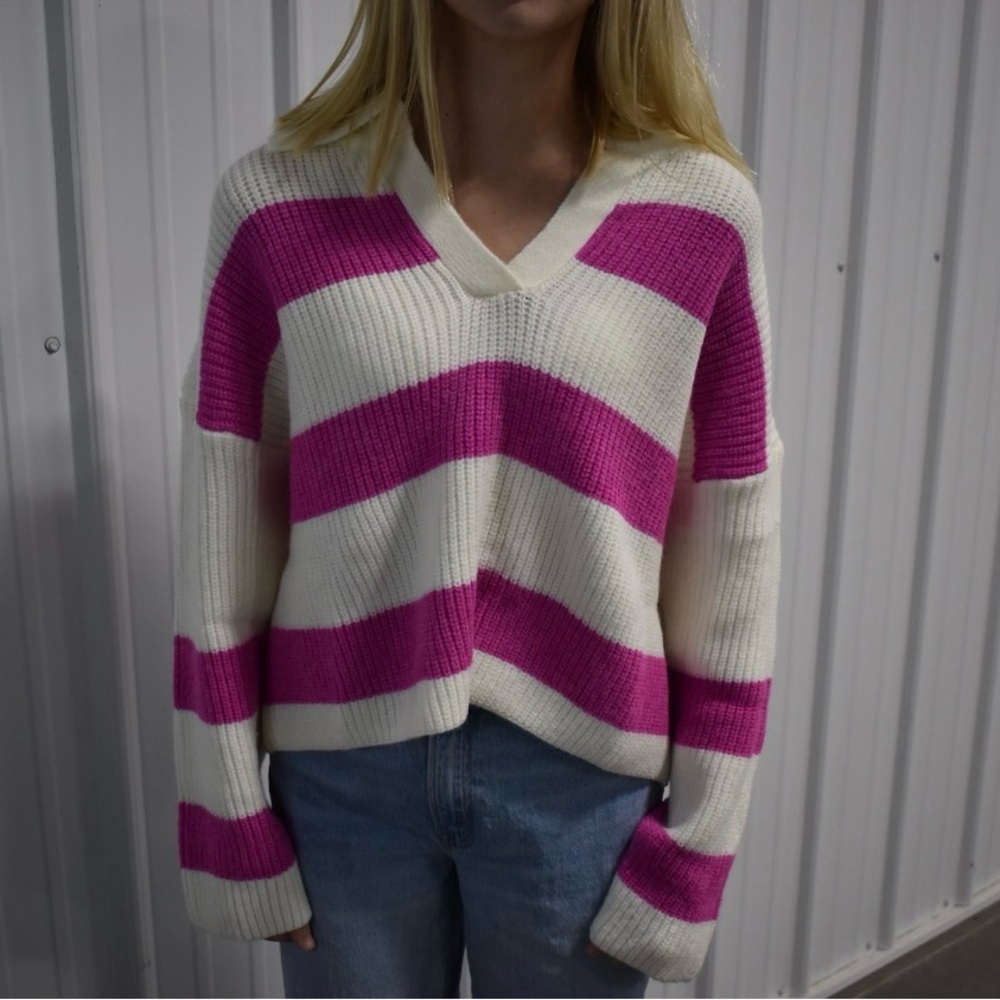 Cream & Pink Striped V-Neck Women's Sweater